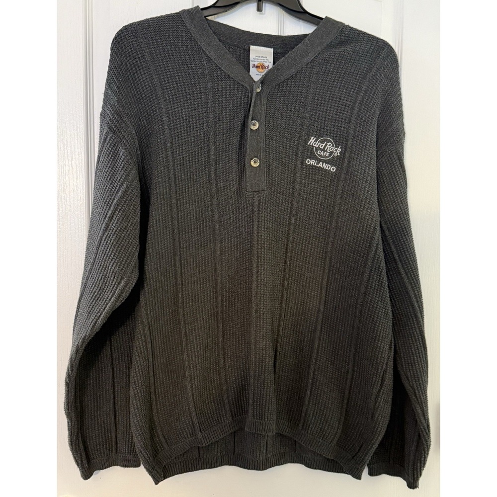 Vintage Hard Rock Cafe Orlando Men's Large Henley Knit Pullover‎ Sweater Gray